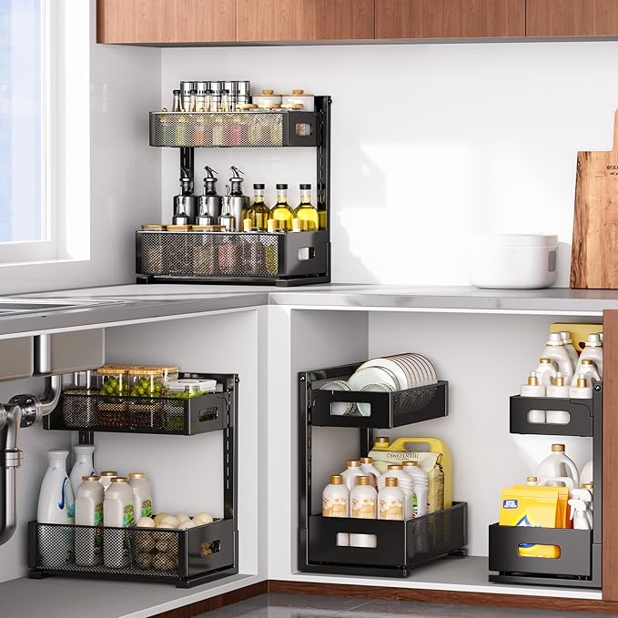 Organizer and Storage for Kitchen, Bathroom, Under Sink, Upgraded Guide Rail Design Smoothly Pulls Out Cabinet Organizer and Slides Out Sink Shelf Cabinet Storage Shelves XL