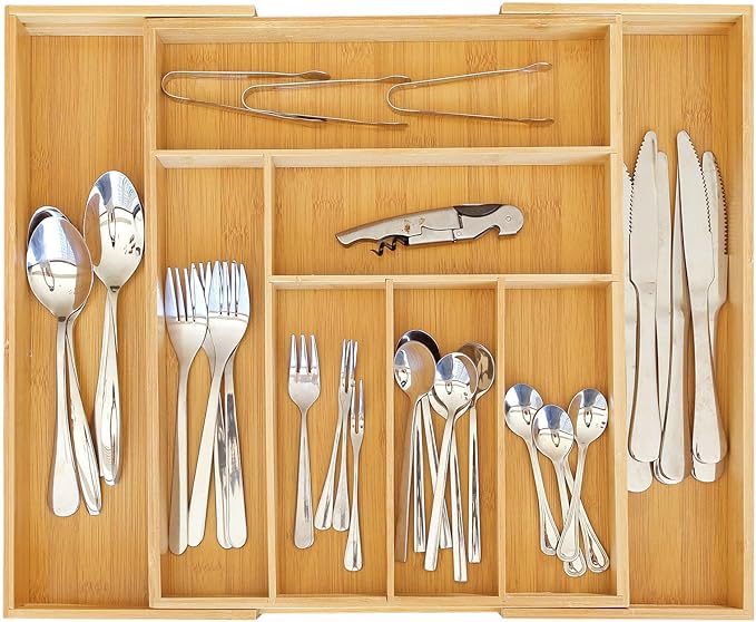 Expandable Bamboo Silverware Drawer Organizer for kitchen, bamboo drawer organizer of 8 Compartments, Flatware and Kitchen Utensils organizer(Natural)