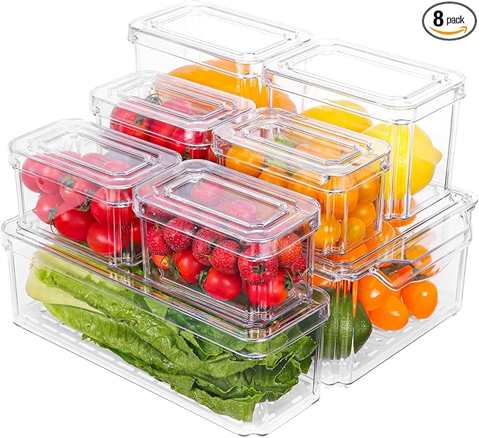 Moretoes 8 Pack Fridge Organizer Bins, Stackable Fridge Organizers with Lids, BPA-Free Clear Storage Bins for Fridge, Freezer, Kitchen, Cabinet, Pantry