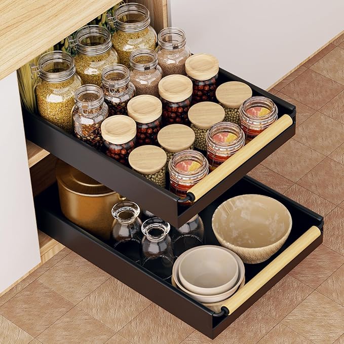 Pull out Cabinet Organizer, 16" Deep Pull Out Drawer for Kitchen Cabinets Adhesive with Nano Film, Slide out Cabinet Organizer Shelf for Pantry Bathroom Organization Black