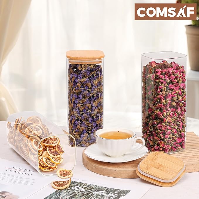 ComSaf 61oz Glass Storage Containers with Lids, Glass Jars with Lids, Clear Food Storage Jar, Square Glass Canister Set of 3, Pantry Organizers and Storage for Flour Rice Pasta Tea Coffee Bean