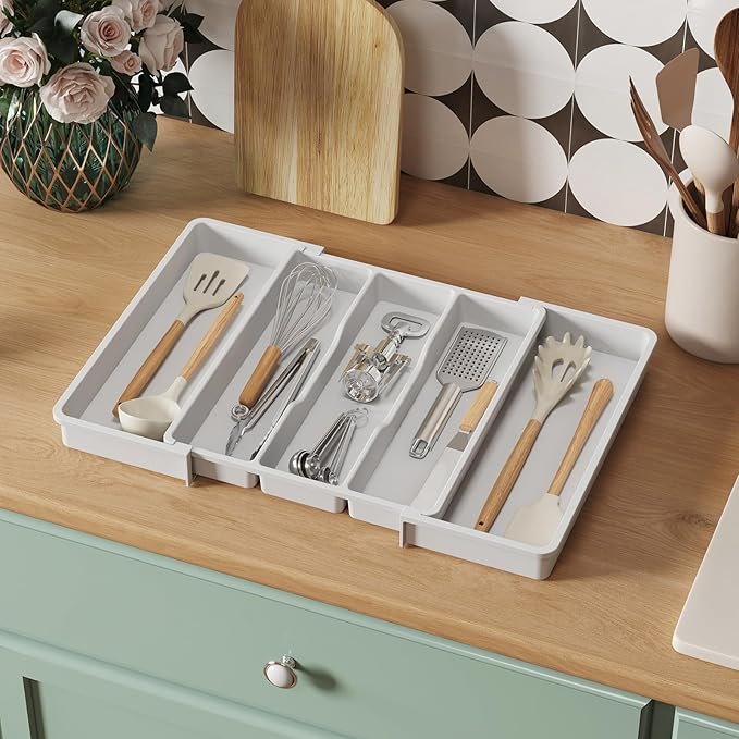 Lifewit Utensil Organizer for Kitchen Drawers, Expandable Cooking Utensil Tray, Adjustable Cutlery Silverware Flatware Holder, Plastic Kitchen Spatula Tools and Gadgets Storage Divider, Large, White
