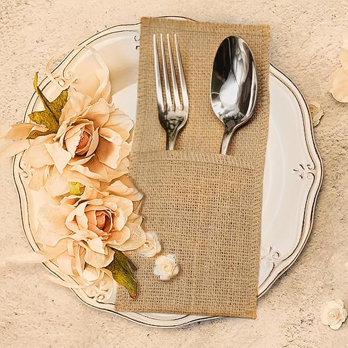 FQTANJU 50 Pcs Burlap Utensils Holders, 4"x8.8" Natural Jute Cutlery Pouch Silverware Holder Knives Forks Spoon Napkin Bag for Rustic Wedding Party Decorations favors