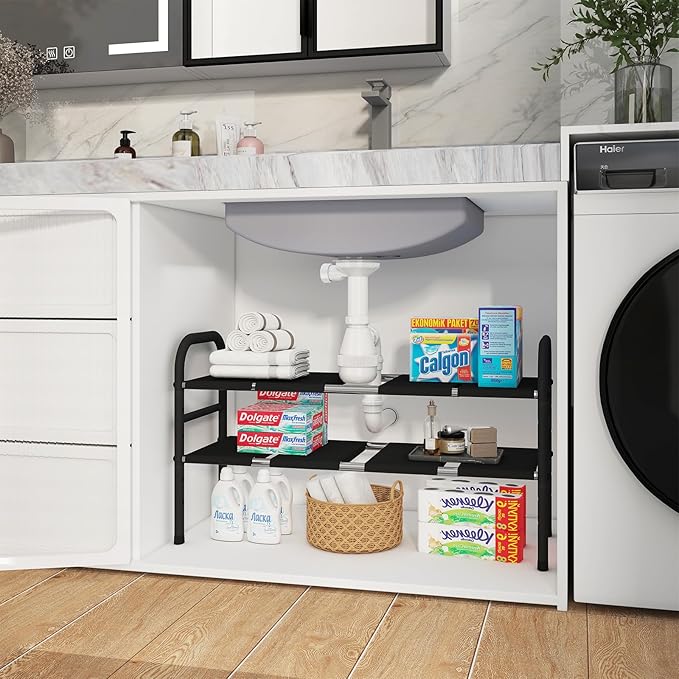 Expandable Under Sink Organizers, 2-Tier Kitchen Bathroom Cabinet Storage Counter Shelf, Shoe Storage Rack with 8 Removable Plastic Boards for Kitchen, Bathroom, Pantry, Entryway, Closet
