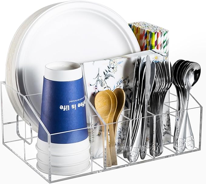 Utensil Silverware Caddy for Party Acrylic Paper Plate Dispenser Holders Organizer Lazy Susan Buffet Caddy for Plastic Plates Napkins Cup Flatware Cutlery, Hosting Entertaining Essentials for Picnic