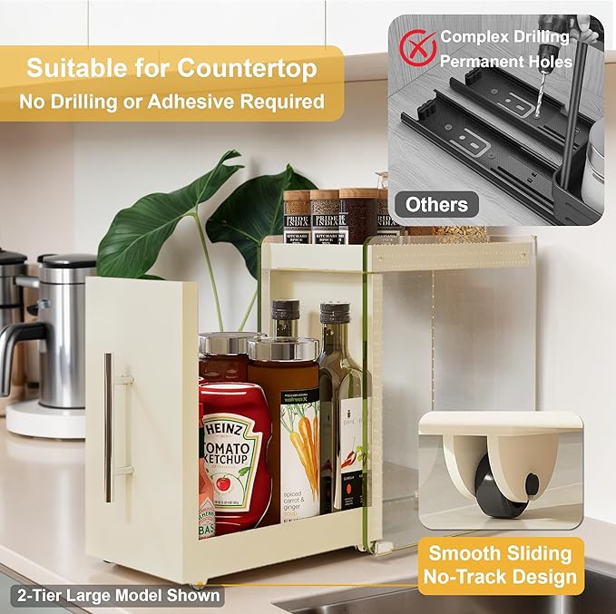 Pull Out Spice Rack Condiment Organizer for Countertop - 2-Tier Slide Out Seasoning Kitchen Organizer with Grease-Free Design - Suitable for Taller Bottles - Alternative to Lazy Susan (2-Tier Large)