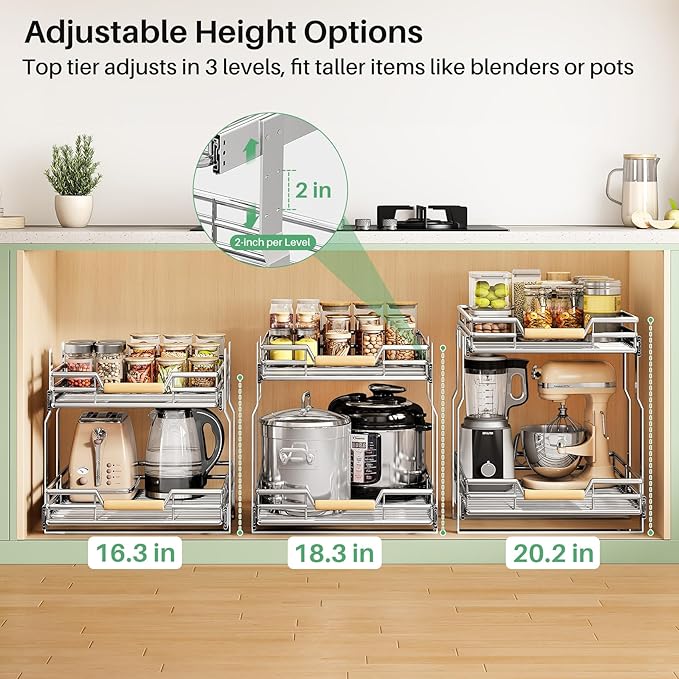 Kitstorack Pull out Cabinet Organizer,2 Tier Heavy Duty Smooth Sliding Under Cabinet Shelves for Pots and Pans,Roll out Drawers with Thickened Chrome Plating(23" W X 21" D)