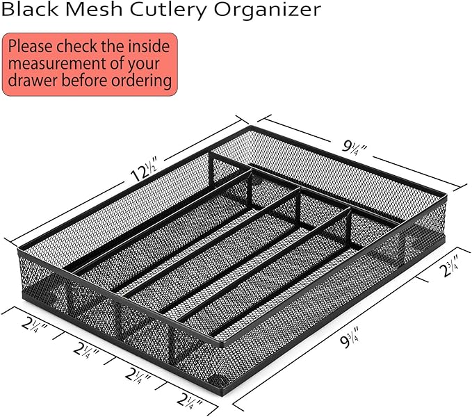 E-far Silverware Drawer Organizer, Mesh Wire Utensil Tray Drawer Organizer for Kitchen, Black Narrow Metal Flatware Cutlery Holder/Divider, 5 Compartment & Small Size - 12.5 x 9.25-Inch
