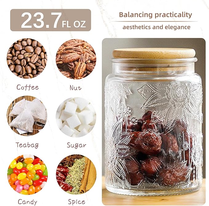Vintage Glass Jar with Bamboo Lid, 23.7 fl oz - Airtight Decorative Food Storage Canisters for Kitchen Counter, Ideal for Candy, Sugar, Coffee, Tea,Cute Jar(Sunflower*1)