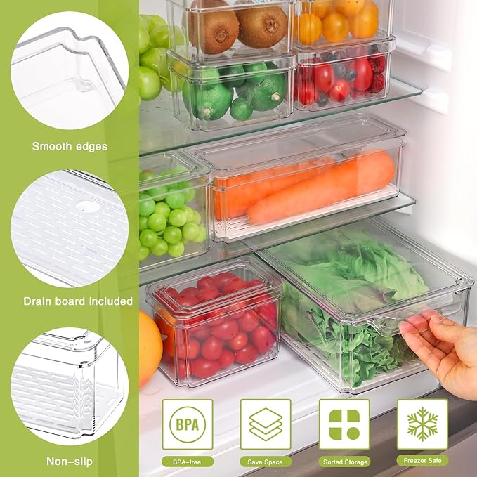 Moretoes 8 Pack Fridge Organizer Bins, Stackable Fridge Organizers with Lids, BPA-Free Clear Storage Bins for Fridge, Freezer, Kitchen, Cabinet, Pantry