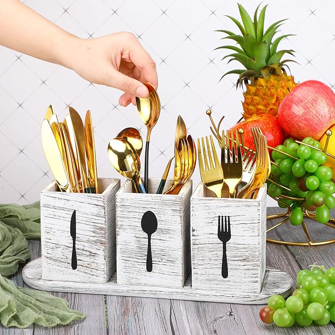 Kathfly 4 Pcs Silverware Caddy Utensil Holder for Countertop Silverware Organizer with Wood Tray Spoon Fork Holder 3. 15 x 3. 15 x 4. 53 Inches of Each Organizer for Kitchen Parties(Retro White)