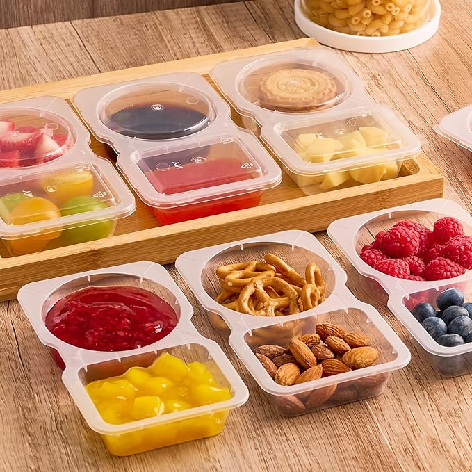 10 Pack Small Snack Pack Containers, 4.5 oz Reusable Plastic Double Compartment Condiment Containers with Lids for Dipping Sauce, Travel Snacks, Meal Prep