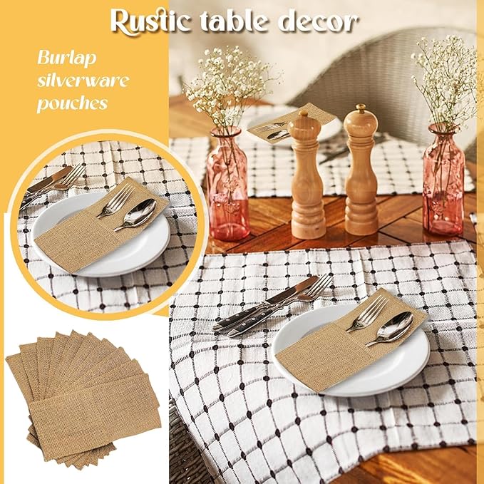 FQTANJU 50 Pcs Burlap Utensils Holders, 4"x8.8" Natural Jute Cutlery Pouch Silverware Holder Knives Forks Spoon Napkin Bag for Rustic Wedding Party Decorations favors