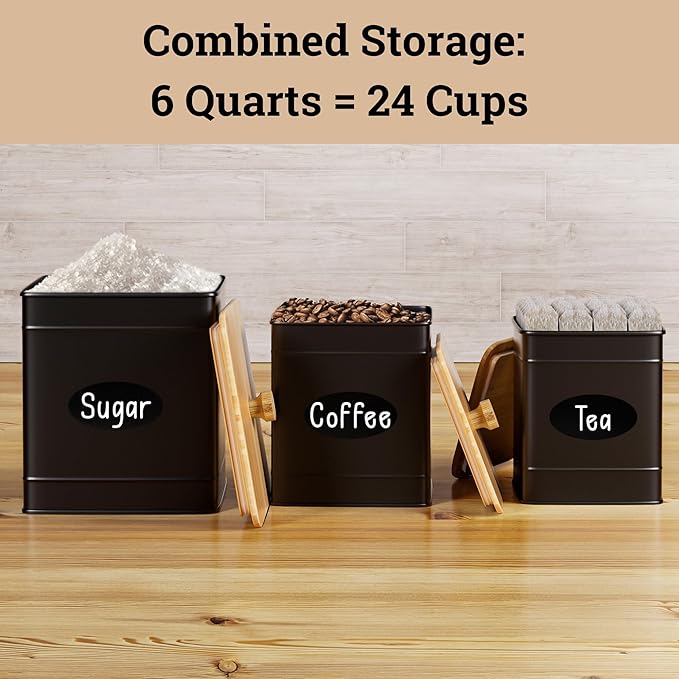 Kitchen Canisters for Countertop Set of 3 with Customizable Chalkboard Labels & Marker Pen - Big Iron Kitchen Canisters with Airtight Lids - Black Canister Set - Flour and Sugar Containers Farmhouse
