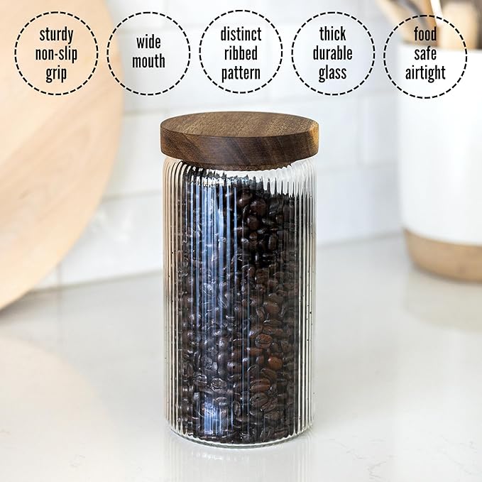 Mason & Fable Ribbed Glass Jars with Wooden Lid 27 fl oz- Set of 3 | Airtight Fluted Storage Container for Pasta, Coffee, Candy, Dog Treats, Snacks | Glass Organization Canisters for Home & Kitchen