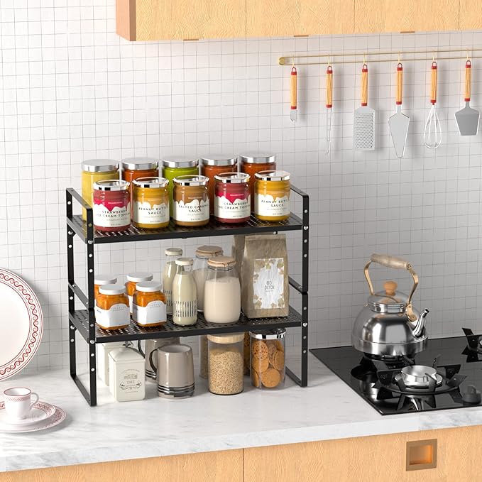 Expandable Kitchen Cabinet Shelf Organizers 2 Pack, Stackable Metal Pantry Storage Shelves Rack, Adjustable Counter Shelf for Cabinets, Countertop, Cupboard Organizers and Storage, Black