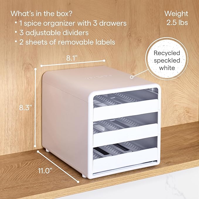 YouCopia SpiceStack,18-Bottle Adjustable Spice Rack Organizer, Pull-Out Seasoning Holder for Kitchen Cabinet and Pantry Storage with 104 Labels and Adjustable Dividers, Speckled White