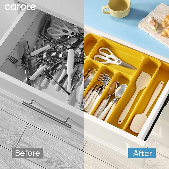 CAROTE Silverware Organizer for Spoons Forks Knives, Expandable Kitchen Drawer Organizer, BPA Free Adjustable Flatware and Cutlery Drawer Organizer, Large, Yellow