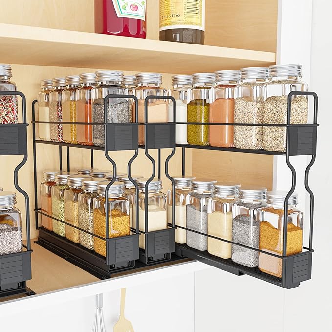 SpaceAid Pull Out Spice Rack Organizer with 30 Jars for Cabinet, Slide Out Seasoning Kitchen Organizer, Cabinet Organizer, with Labels, 7.7" W x10.75 D x10 H, 3 Drawers 2-Tier