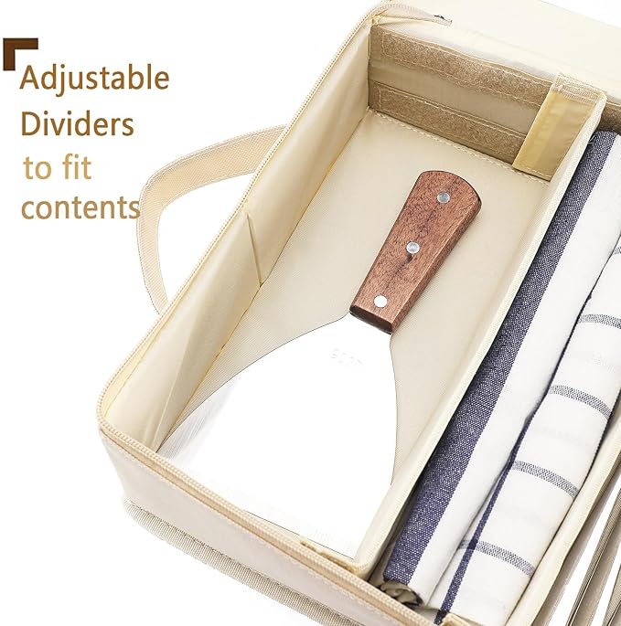 Flatware Utensil Storage Case, Beige Large Capacity Silverware Storage Box Chest with Adjustable Dividers, Removable Cutlery Storage Holder with Zipper Lid for Organizing Spoon/Flatware/Knives