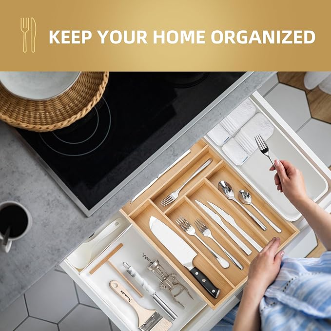 Silverware Organizer Kitchen Drawer Organizer Utensil Organizer Bamboo Silverware Holder Cutlery Organizer in Drawer Flatware Organizer Tray(6 slots, Natural
