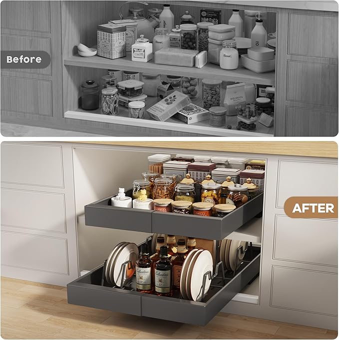 2 Pack Pull out Cabinet Organizer 21" Deep With Raising Pad for Framed Cabinets, Expandable Slide out Drawers for Kitchen Cabinets with 4pcs Divider Racks, Roll out Shelves 9"-14" W Black