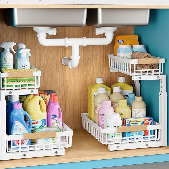 2 Packs Under Sink Organizer,Small Shelf for narrow spaces,2 Tiers Pull Out Under Cabinet Organizer,Adjustable Height,Slide Out Thickened Metal Under