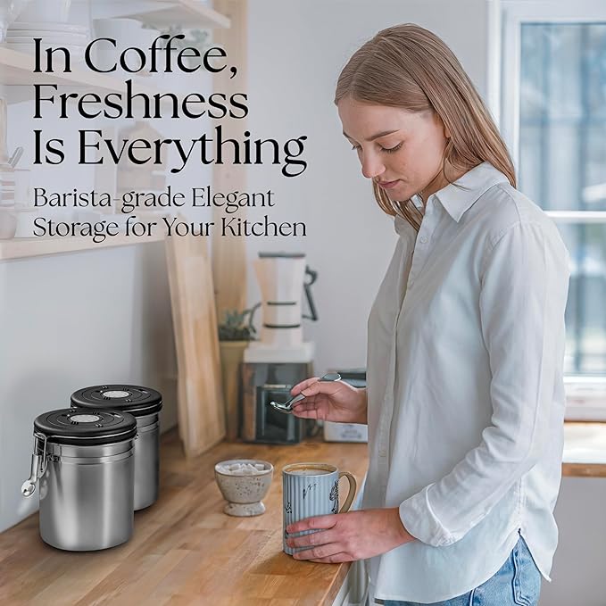 Mixpresso 16 Oz Coffee Canister with Scoop Stainless Steel Airtight Coffee Container, Ground Coffee Bean Storage with Date Tracker, Vacuum Sealed Espresso Airtight Container Coffee Jar Sugar Container