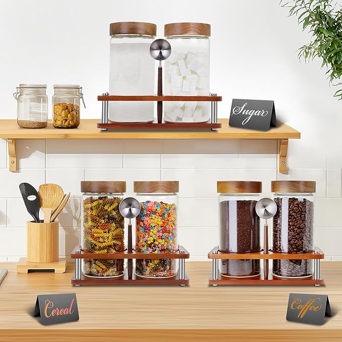 Glass Coffee Grounds Container with Shelf, 2 × 45 oz Glass Coffee Canisters with Airtight Thread Lid, Glass Storage Jars with Stainless Steel Spoon for Coffee Bean, Sugar,Nut