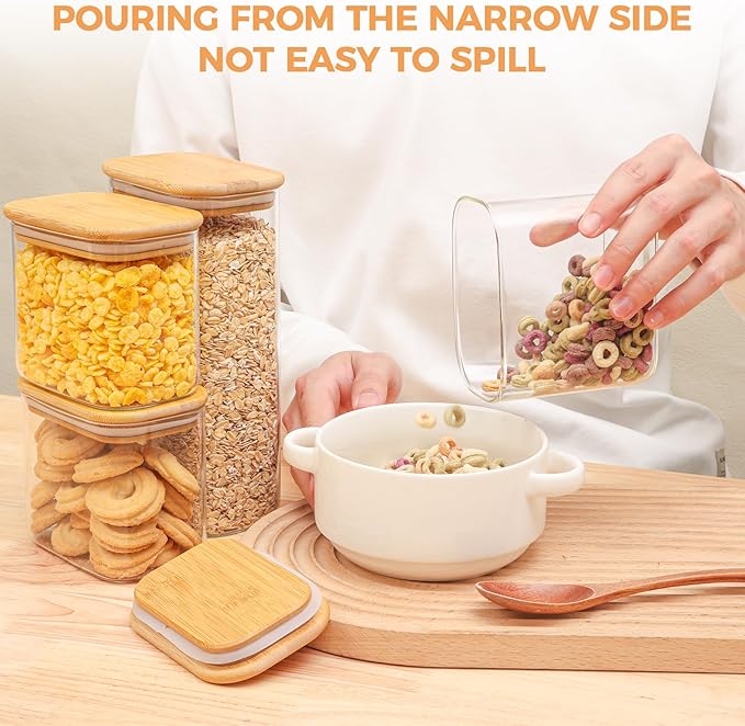 ComSaf 26oz Rectangle Glass Storage Containers with Lids, Glass Jars with Bamboo Lids, Clear Food Jar, Sugar Coffee Containers, Small Pantry Storage Container for Tea Candy Nuts Spices Oat
