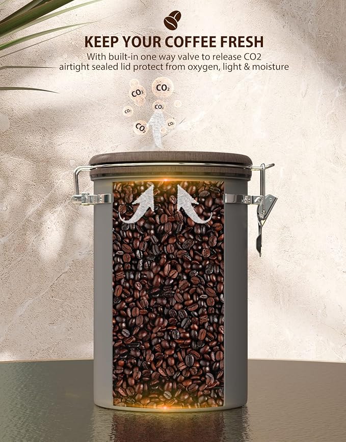 HAIOOU Airtight Coffee Canister Wood Grain, 16OZ Small Stainless Steel Coffee Bean Storage Container with Date Tracker, Measuring Scoop, CO2 Filter Valves for Beans Grounds - Walnut and Gray