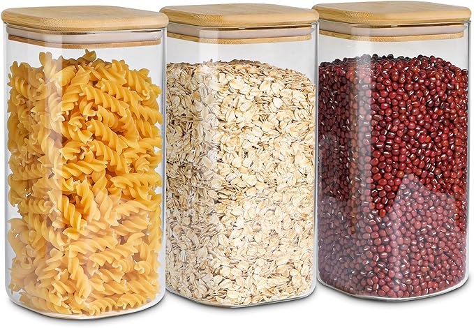ComSaf Airtight Glass Storage Canister with Wood Lid (51 oz), Clear Food Storage Container Jar with Sealing Lids for Oat Pasta Flour Cereal Rice Sugar Tea Coffee Beans, Set of 3 Square Cookie Jar