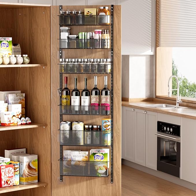 Over The Door Pantry Organizer, 6-Tier Metal Hanging & Wall Mount Spice Rack, Kitchen Storage Room Organization
