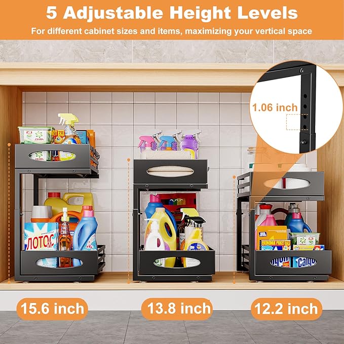 Under Sink Organizer, Pull Out Cabinet Organizers, Slide Sink Steel Shelf Cabinet Storage Shelves, Under Sink Storage for Kitchen Bathroom Cabinet (Black, 2 Pack)