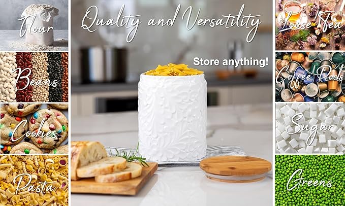XXL 94 Oz Engraved Ceramic Kitchen Canister - Storage Jars with Airtight Lids Made from Bamboo with Nature-Inspired Engraving - Use as a Pasta Holder, Coffee Ground Holder, Rice Container, Candy Jar