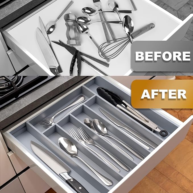 Expandable Utensil Organizer Silverware Organizer for Kitchen Adjustable Utensils Holder Bamboo Large Flatware Silverware Cutlery in Drawer (7 Slot, Gray)