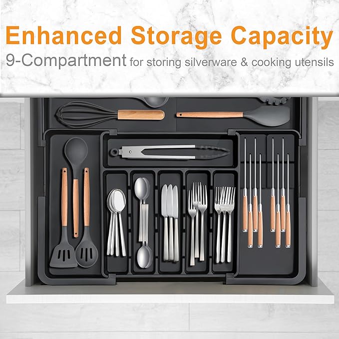 Homecor Silverware Organizer - Expandable Large Kitchen Drawer Organizer Utensil Organizer with 2 Removable Knife Blocks, 22"x 19"Cutlery Tray Drawer Dividers for Kitchen Flatware(6-9 Slots) (Black)