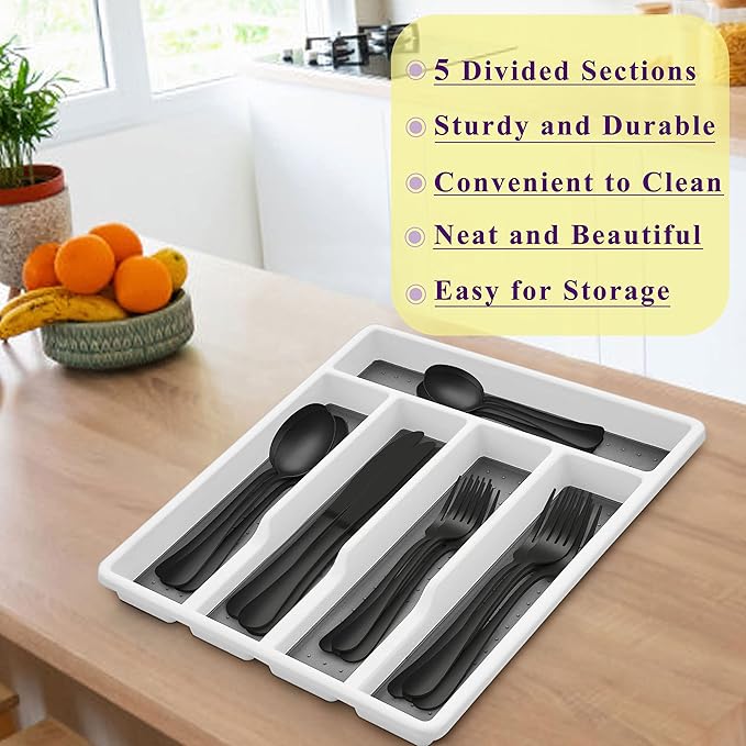 Herogo 30-Piece Matte Black Silverware Set with Drawer Organizer, Stainless Steel Flatware Cutlery Set for 6, Modern Tableware Eating Utensils with Tray, Dishwasher Safe, Satin Finish