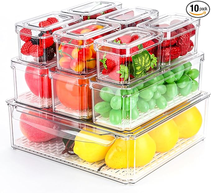10 Pack Fridge Organizer, Stackable BPA-Free Refrigerator Organizer Bins with Lids, Fruit Storage Containers for Fruit Vegetable Food Drinks Cereals Clear