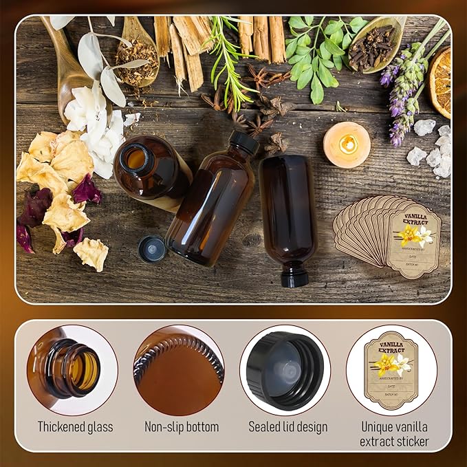 8 oz Amber Glass Boston Round Bottles, 12PCcs - for Homemade Vanilla Extract, Brown Vanilla Extract Bottles with Caps, Ideal for Syrup Gift, Glass Food Storage Canister and Sauce Beans (8OZ-12PC)