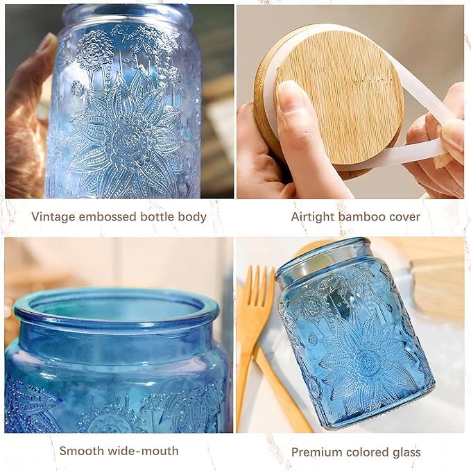 Blue Vintage Glass Candy Jar with Airtight Bamboo Lid, 23.7oz Kitchen Storage Canister for Sugar, Coffee, Tea, Cookies, Bath Salt - Decorative Mason Jar for Pantry & Counter(Blue, 23.7 fl oz)