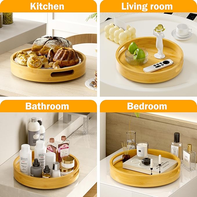 Lazy Susan Organizer Homerays 13 Inch Non-Skid Bamboo Lazy Susan for Kitchen Rotating Spice Rack with Handles, Wood Turntable for Kitchen Cabinet,Countertop (Bamboo, Large)