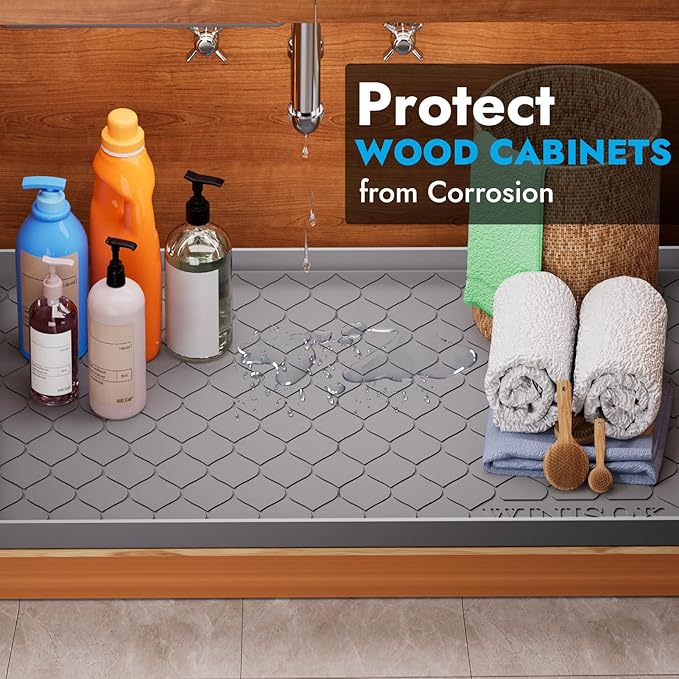 Silicone Under Sink Mat 19" x 19", Kitchen Essentials and Gadgets, Shelf Liner and Cabinet Protector, Home Organizers and Storage, Waterproof Bathroom Tray