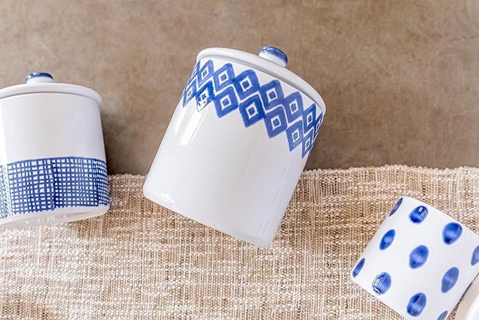 Vietri Viva Santorini Diamond Large Canister Elegant Ceramic Earthenware Kitchen Storage Jar with Lid 7.5 Inch Blue White