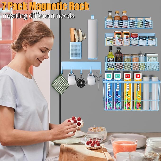 Magnetic Spice Rack for Refrigerator, 7 Pack Metal Magnetic Shelf, Moveable Magnetic Storage Fridge Organizer, Spice Organizer, Hook Rack, Paper Towel Holder, Utensils and Cutting Board Holder, Blue