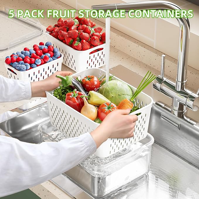 5 Pack Fruit Storage Containers for Fridge with Removable Colanders - Food Storage Containers with Lids, BPA-Free Produce Containers Keep Fruits, Vegetables, Berry, Meat Fresh Longer