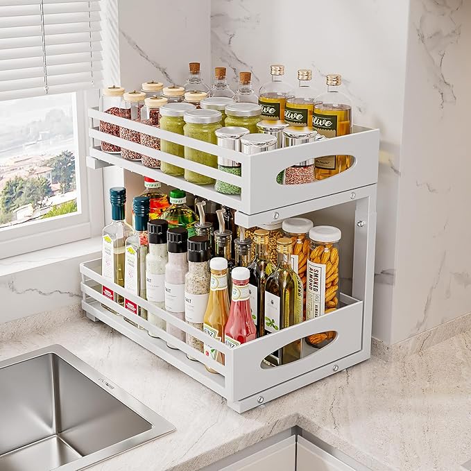 Under Sink Organizer, Pull Out Cabinet Organizers, Slide Sink Steel Shelf Cabinet Storage Shelves, Under Sink Storage for Kitchen Bathroom Cabinet (White, 1 Pack)