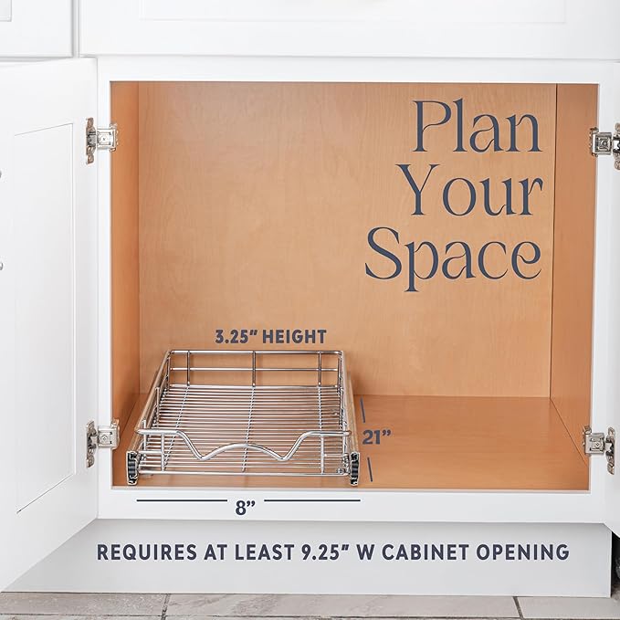 HOLDN’ STORAGE Pull Out Cabinet Organizer, Heavy Duty Caddy w/Lifetime Limited Warranty - 8”W x 21”D - Requires At Least 9-1/4” Cabinet Opening, Steel Metal Cabinet Drawers Slide Out, Chrome