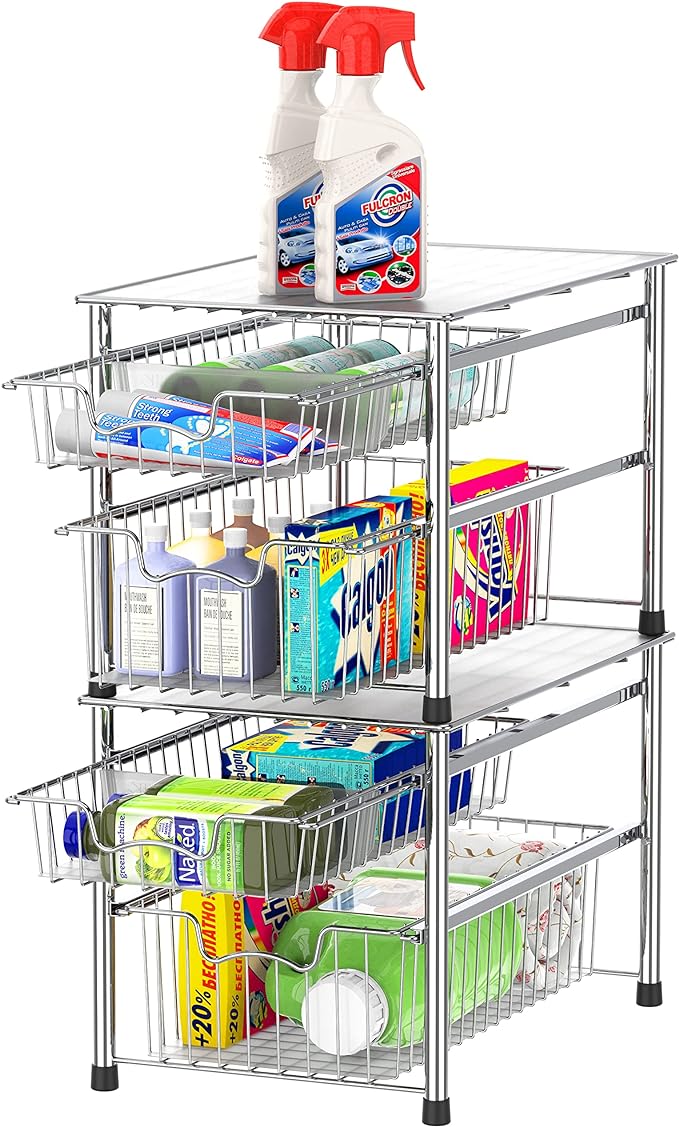 Simple Houseware Stackable 2 Tier Sliding Basket Organizer Drawer, Chrome