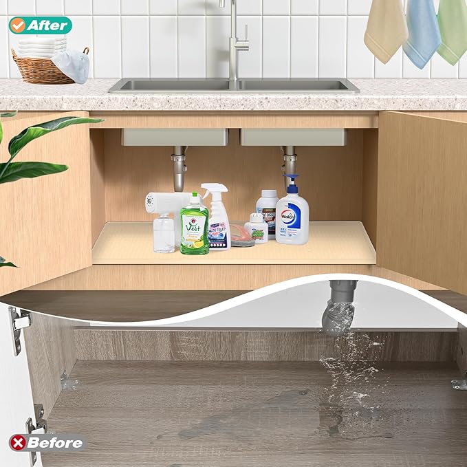 Waterproof Under Sink Mat 34" x 19", Silicone Cabinet Liner, Rubber Protector for Kitchen and Bathroom, Keeps Cabinets Clean, Dry, and Organized (Beige)